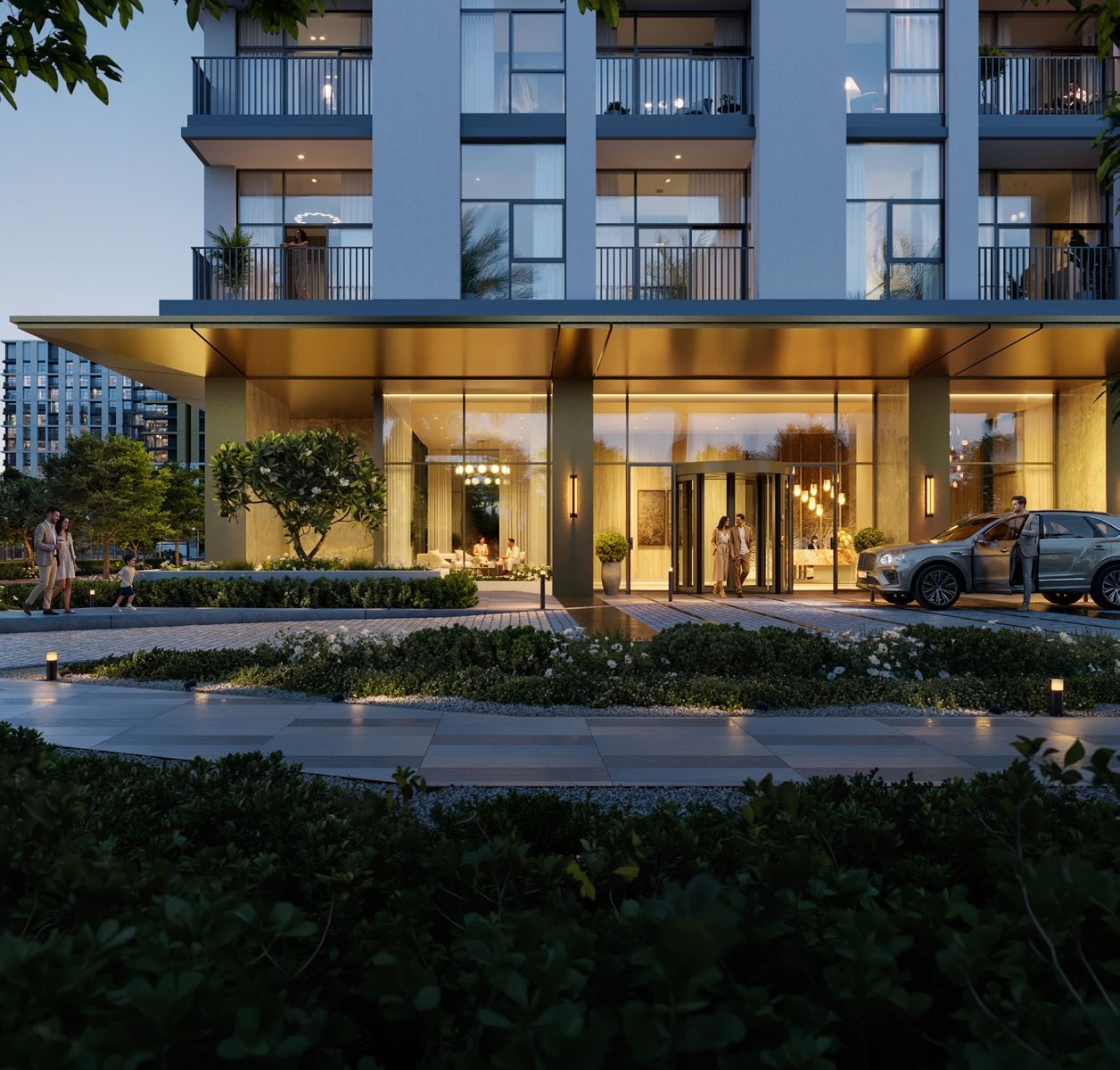 Landscaped arrival at a Terra Woods residential building