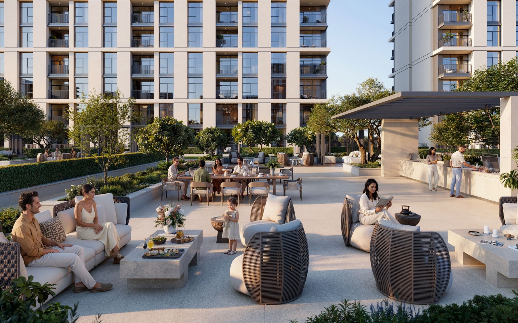 Residents gathering in the landscaped BBQ courtyard at Terra Woods