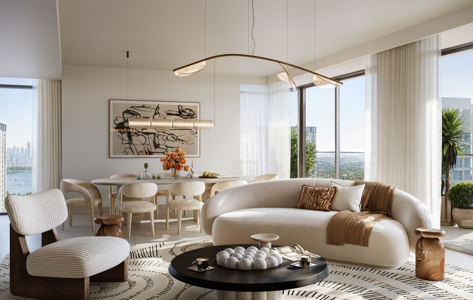 Open plan living and dining space with balcony access