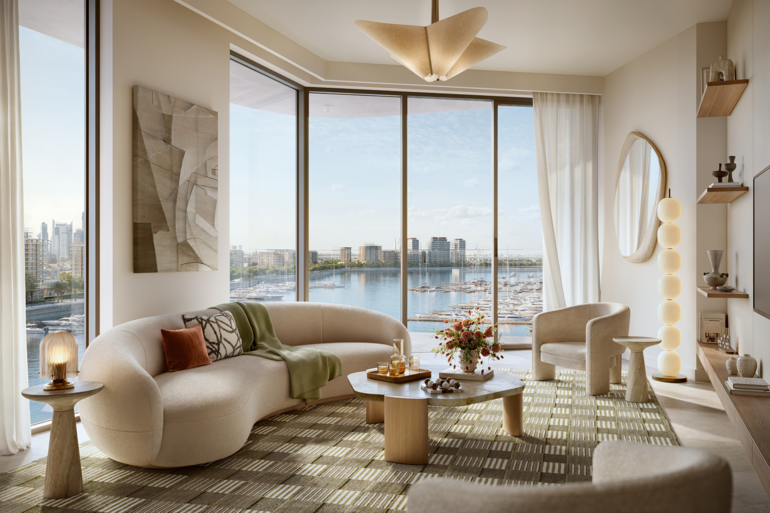 Fior 1 living room with floor-to-ceiling marina views
