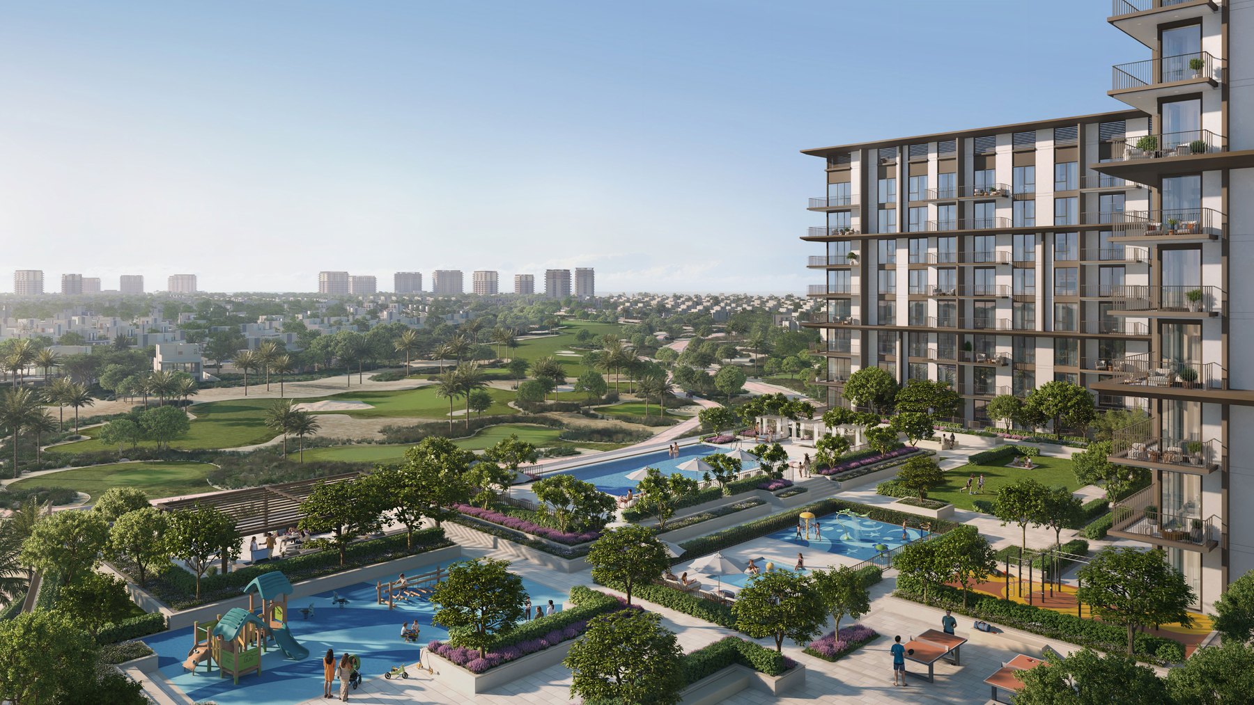 Golf Trails residences overlooking landscaped pools and the Emaar South golf course