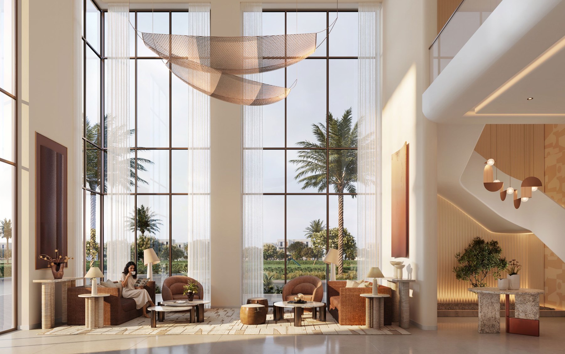 Double-height contemporary lounge with floor-to-ceiling windows