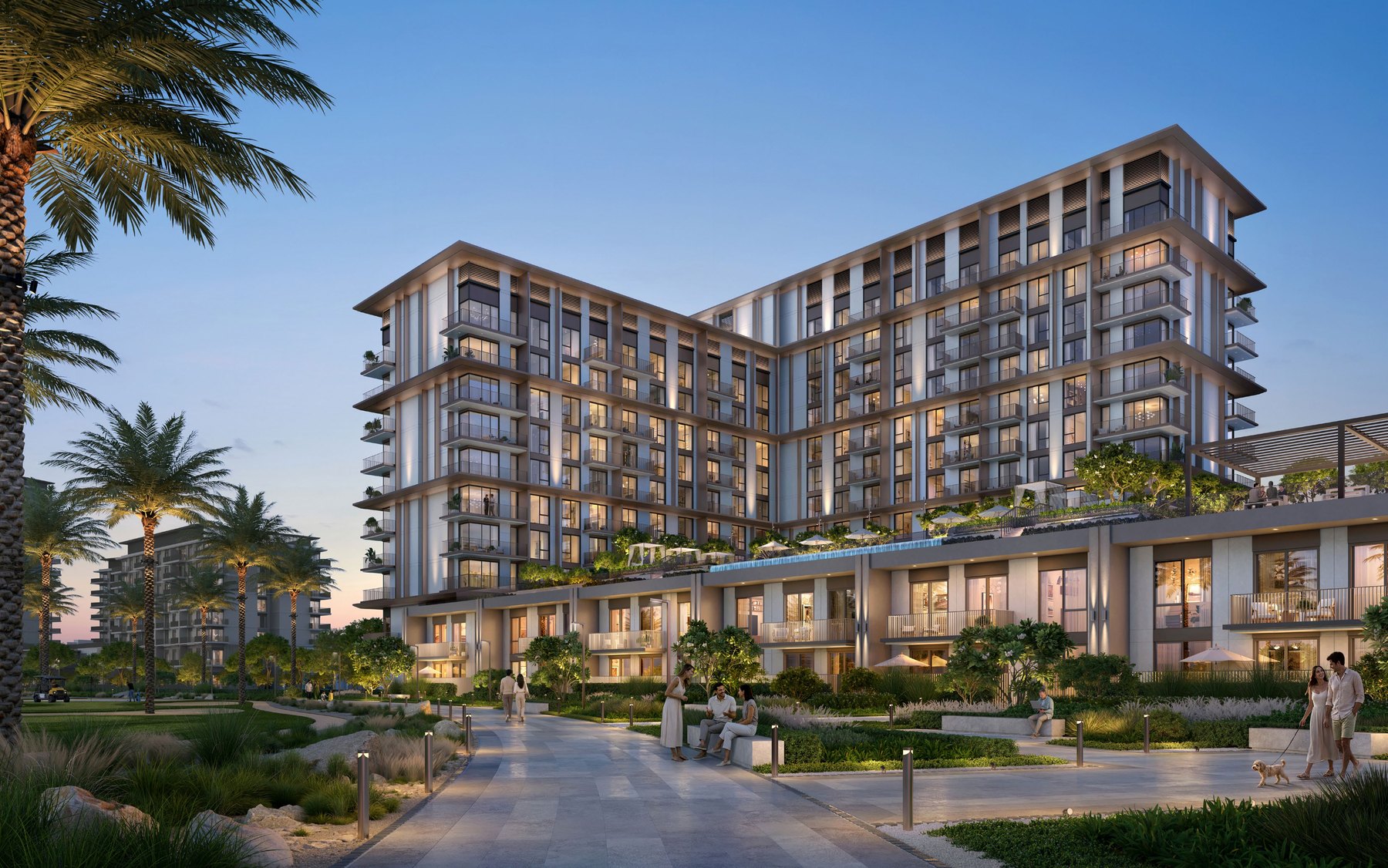 Golf Trails apartment buildings and landscaped arrival area