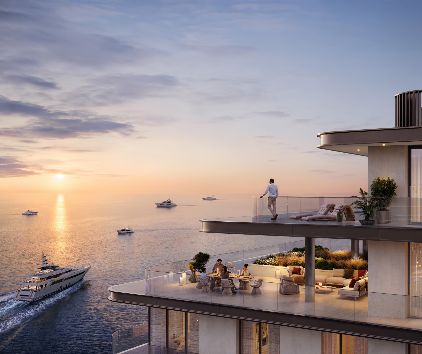 Fior 1 waterfront terraces overlooking yachts at sunset