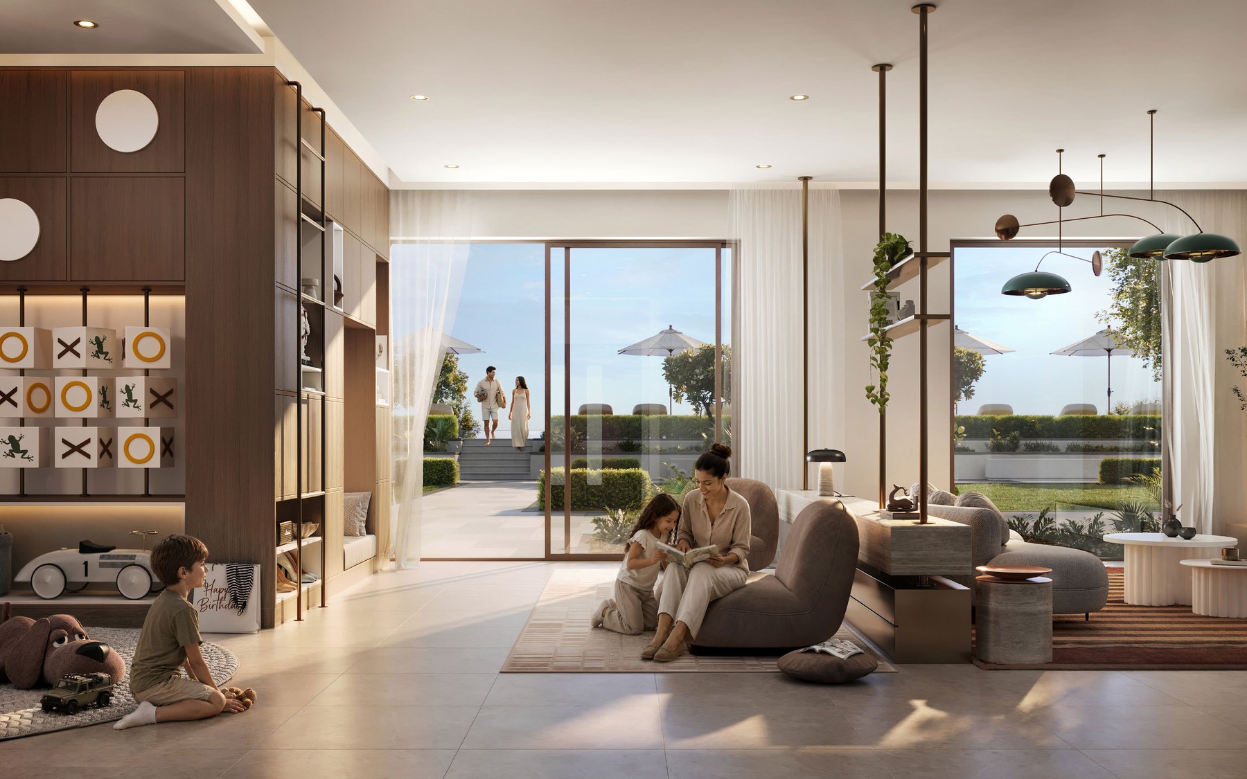 Open-plan Golf Trails living room opening onto a landscaped terrace