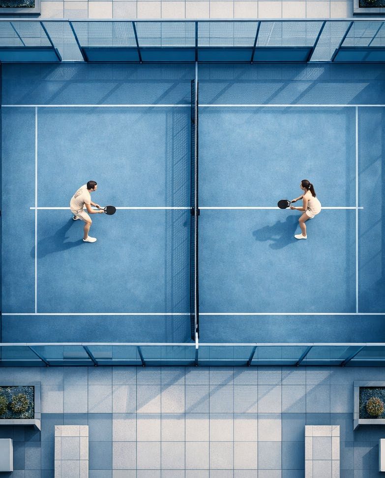 Aerial view of two people playing on the padel court