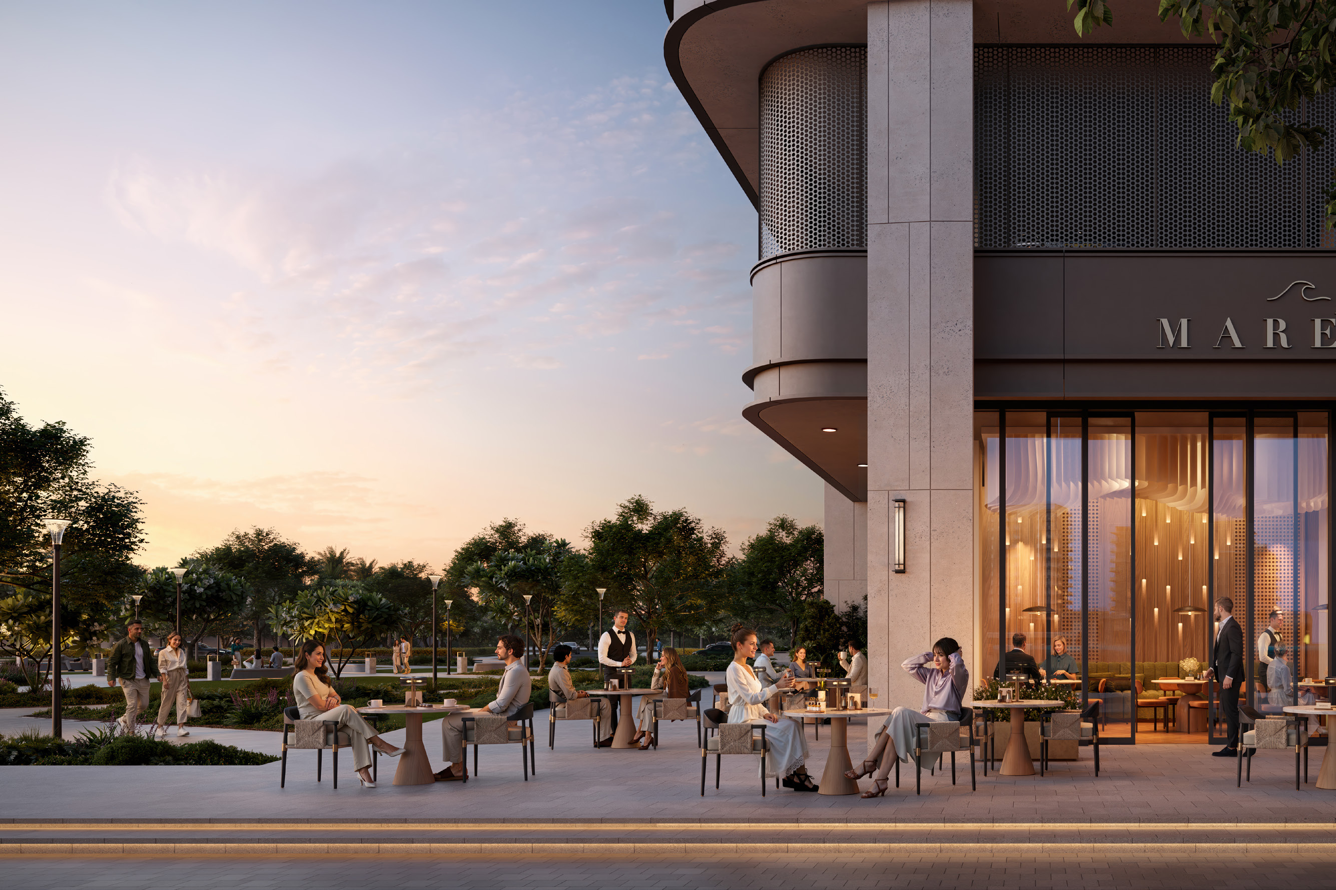 Waterfront restaurant and promenade at Rashid Yachts and Marina