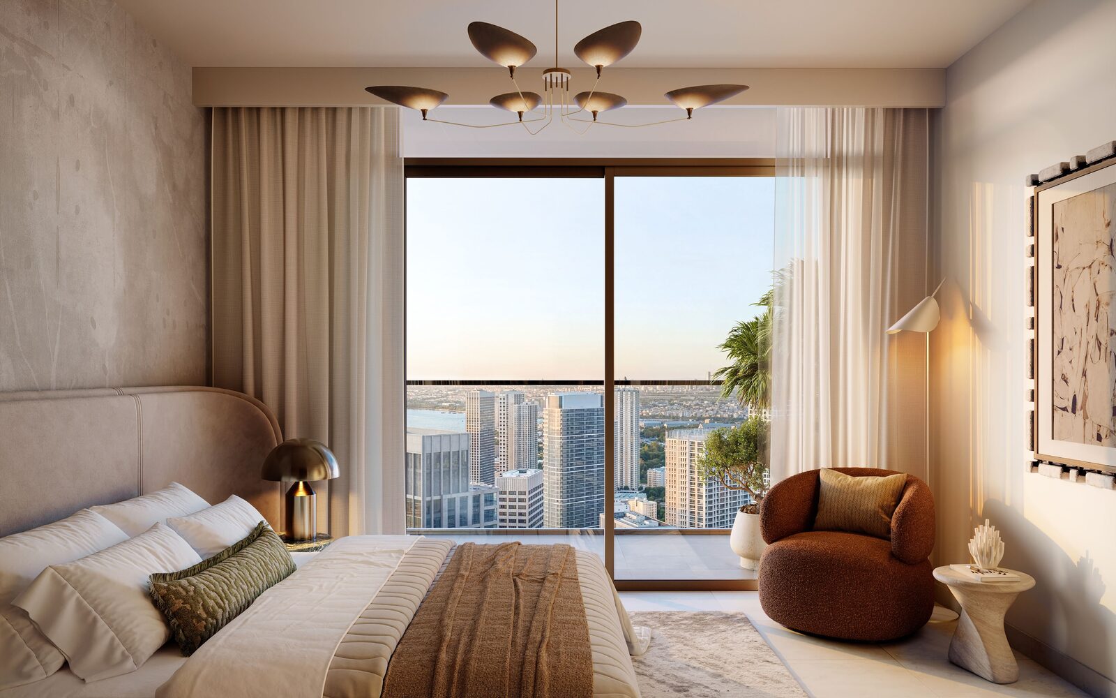 Bedroom with a large window framing the skyline