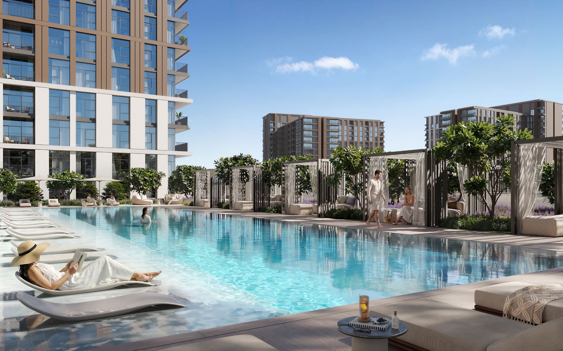 Terra Woods swimming pool with shaded cabanas between residential buildings