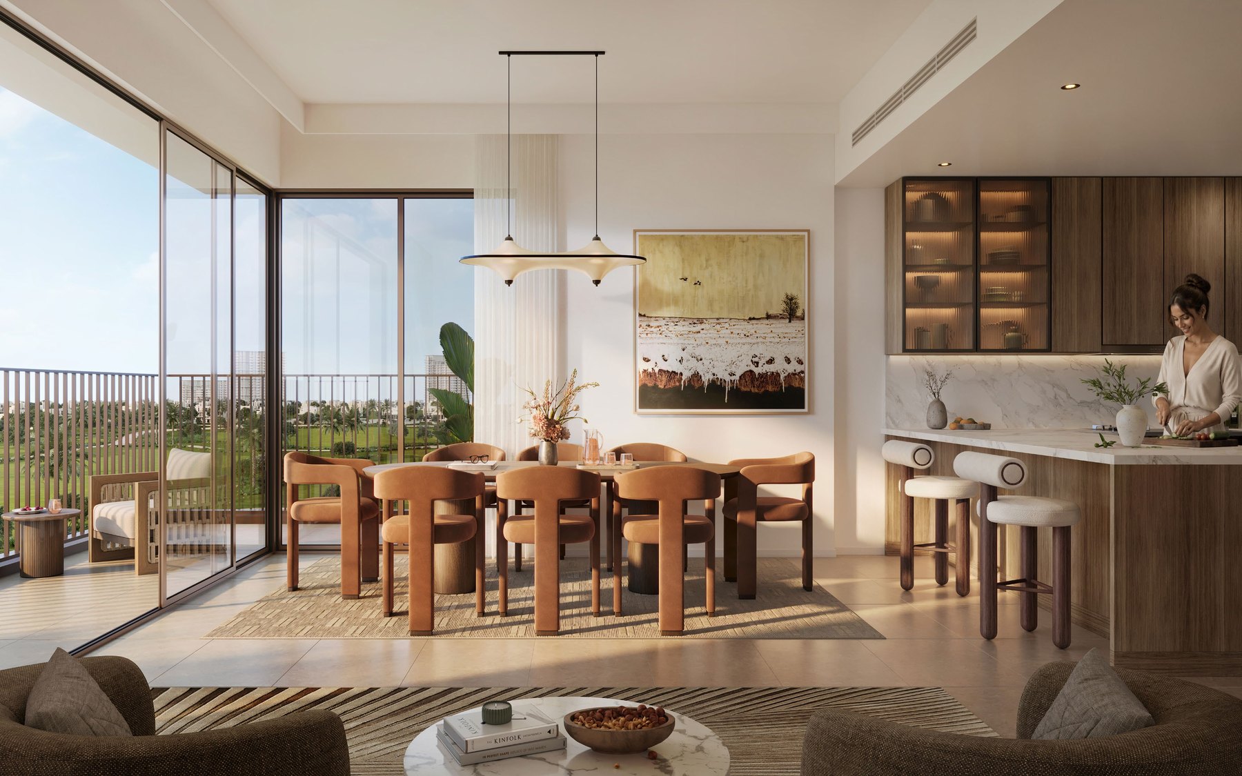 Golf Trails dining room and kitchen with views across the golf course