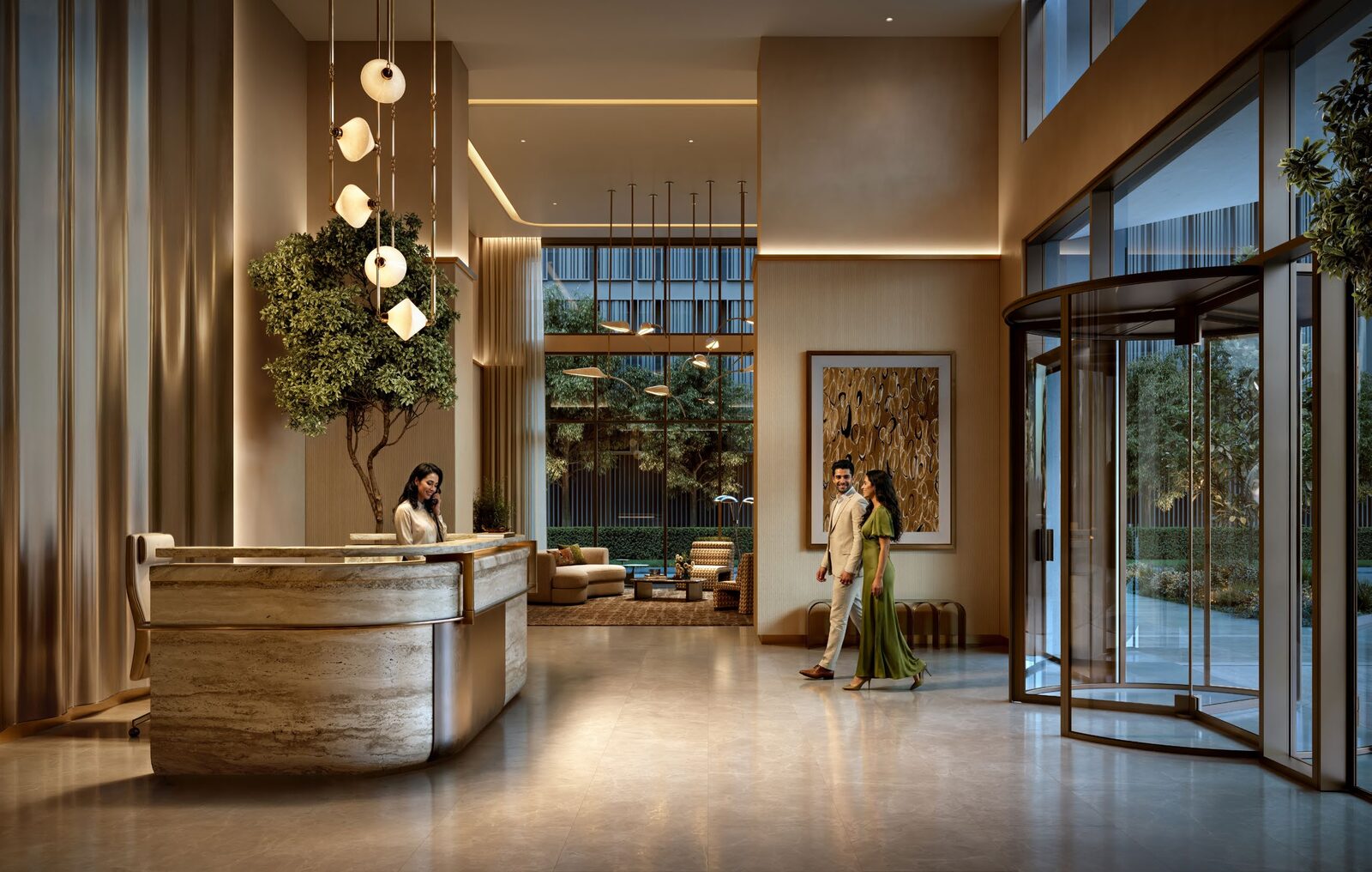 Reception desk in the high-ceilinged residential lobby