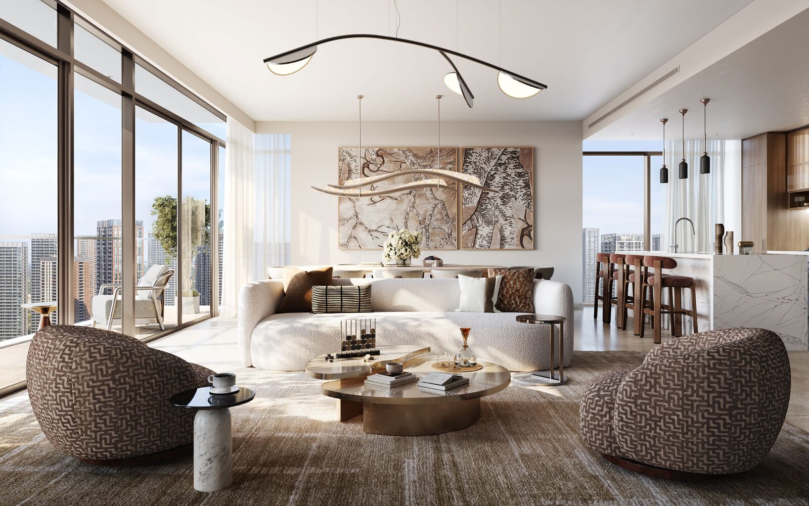 Living room with floor to ceiling glazing overlooking the city skyline