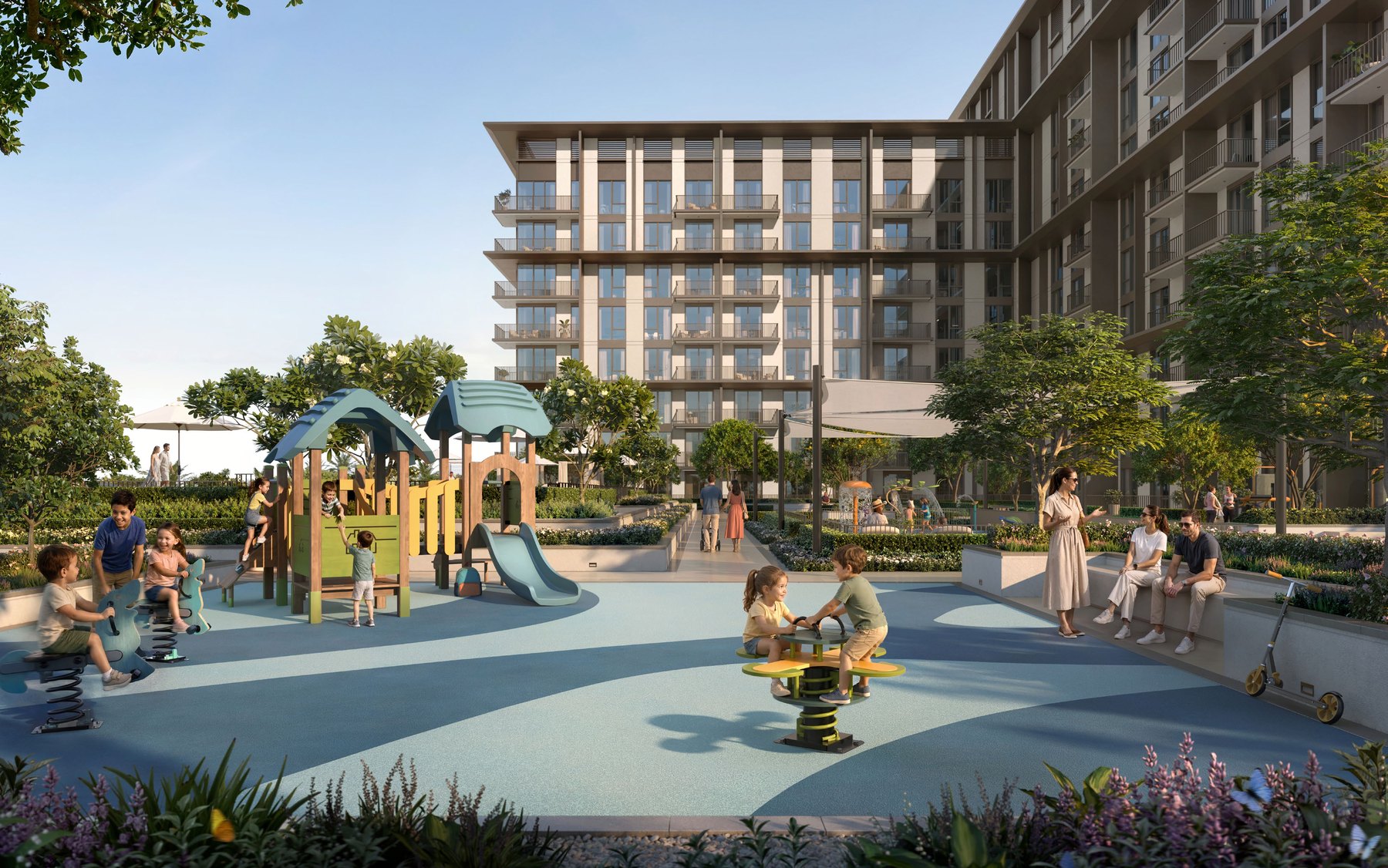 Landscaped kids' play area between the Golf Trails residences