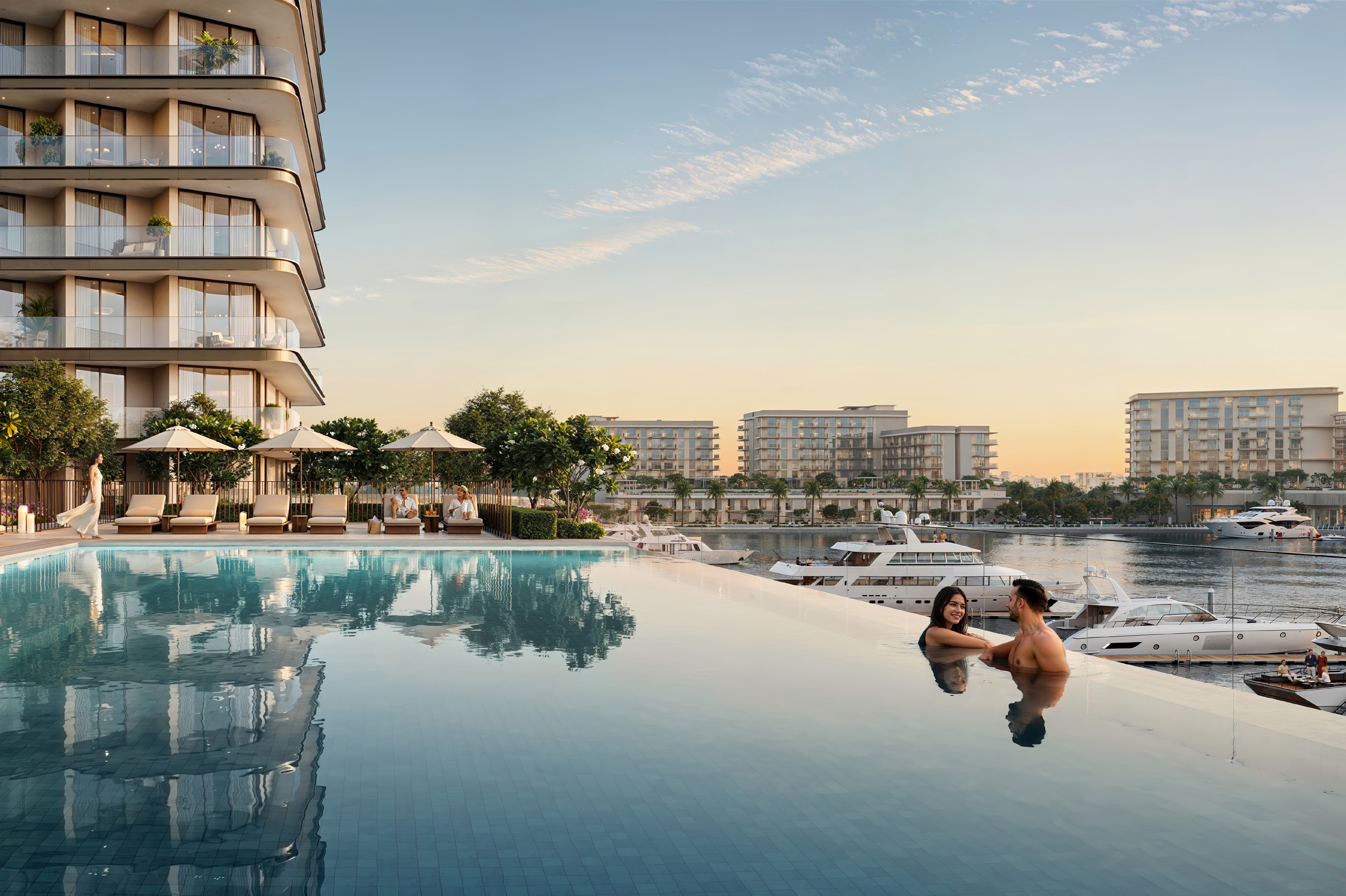 Infinity pool beside Fior 1 with marina views