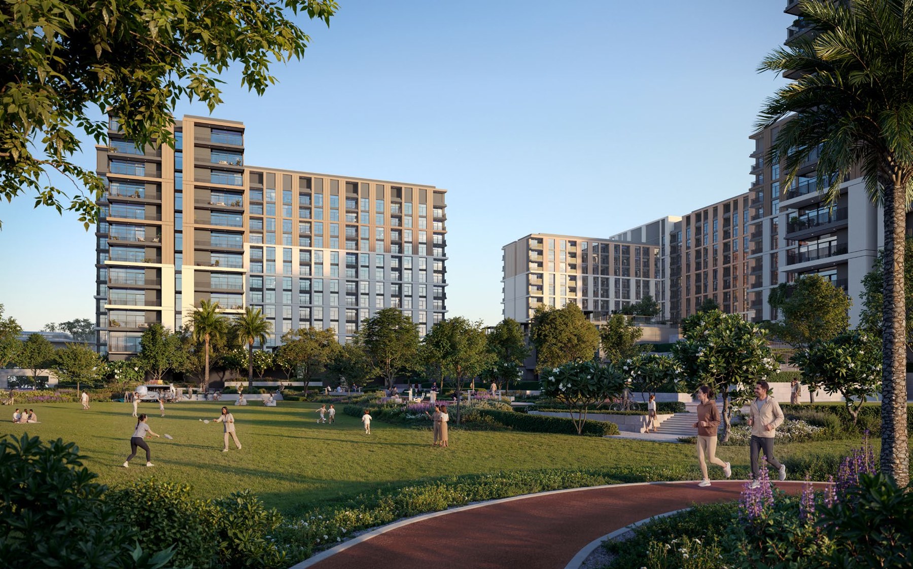 Terra Woods residences overlooking a green park and jogging track