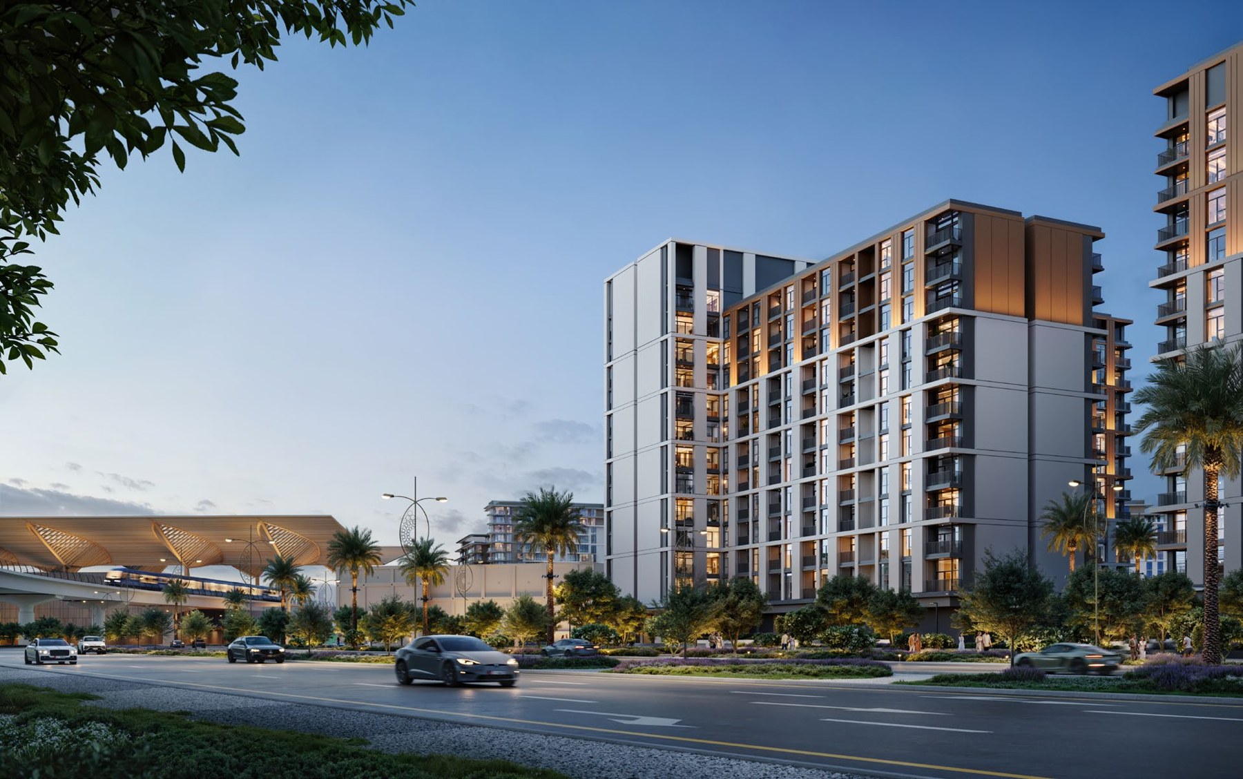Terra Woods mid-rise residences beside landscaped public space at Expo Living